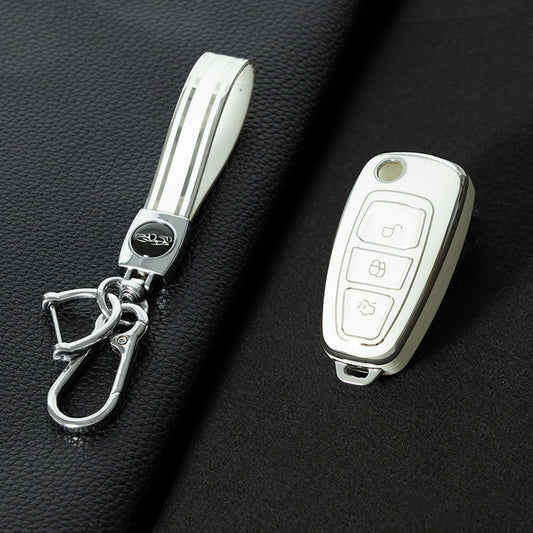 FOD1T1 White-Silver Plating Car Key Cover TPU Car Folding Key Case Cover Bag Keychain for Ford Focus C-Max S-Max Galaxy Mondeo Ranger Transit Tourneo Custom