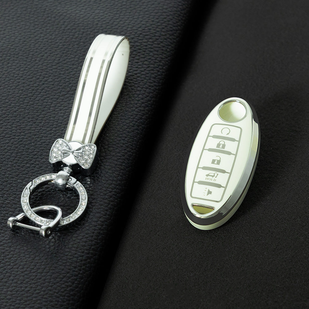 NIB6T1 White-Silver Plating Car Key Cover Silver Edge TPU Car Key Cover Keychain Fob Case Accessories for Nissan Note Qashqai Pathfinder Rogue Versa Infiniti Q50 Kia