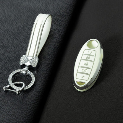 NIB6T1 White-Silver Plating Car Key Cover Silver Edge TPU Car Key Cover Keychain Fob Case Accessories for Nissan Note Qashqai Pathfinder Rogue Versa Infiniti Q50 Kia