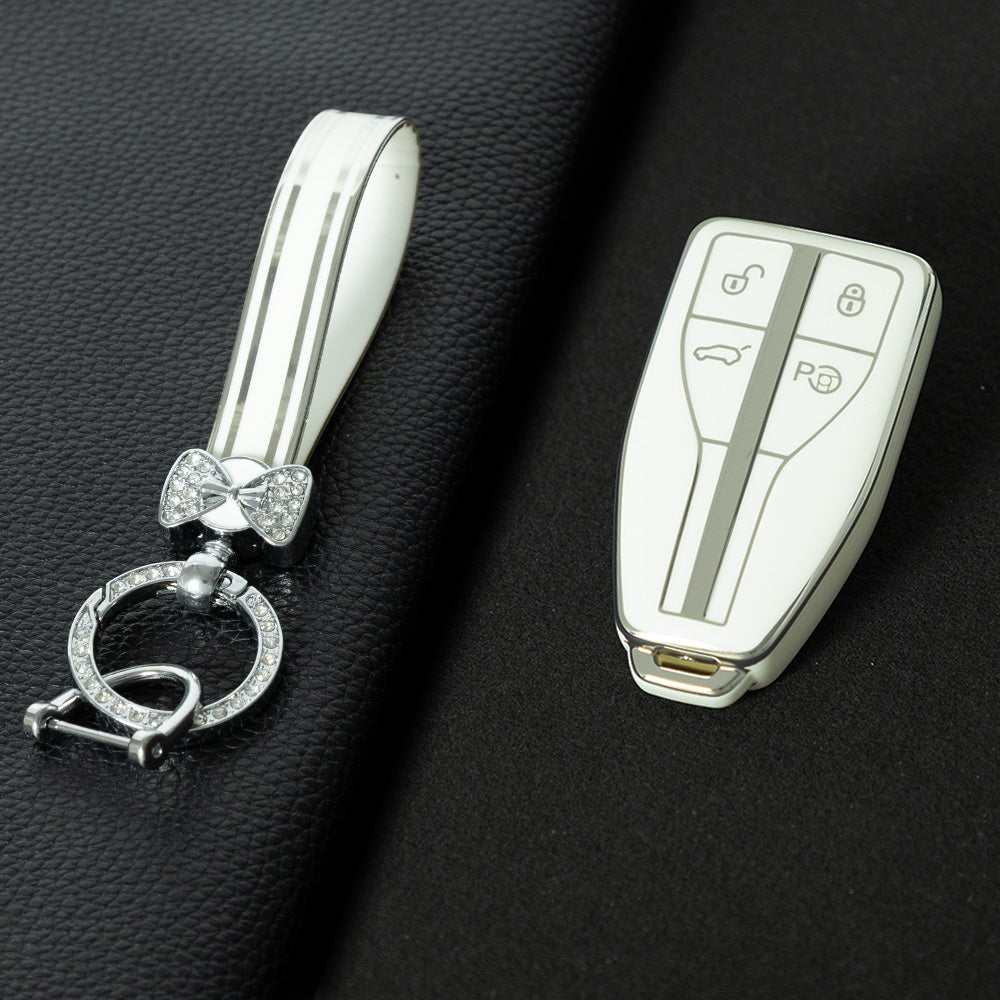 HNA2T1 White-Silver Plating TPU Car Key Case Cover for Hong Qi HS5 HS3 HS7 H5 H9 H6