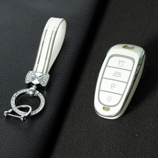 HYE2T1 White-Silver Plating New Fashion TPU Car Key Case Fob Remote Cover Shell Holder for Hyundai Santa Fe Tucson 2022 NEXO NX4 Atos Prime Solaris 2021