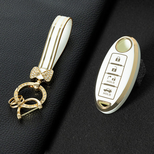 NIB9T1 White-Gold Plating TPU Car Key Case Cover for Nissan Note Qashqai Pathfinder Rogue Versa Infiniti Q50 Kia