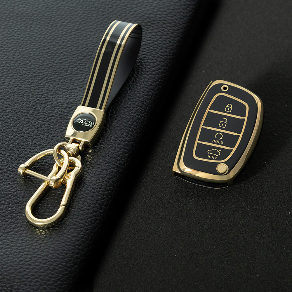 HYD4T1 Black-Gold Plating TPU Car Key Case Cover for Hyundai Ix25 Ix35 I10 I20 Solaris Tucson Sonata Santa Fe Sport Elantra Creta Verna