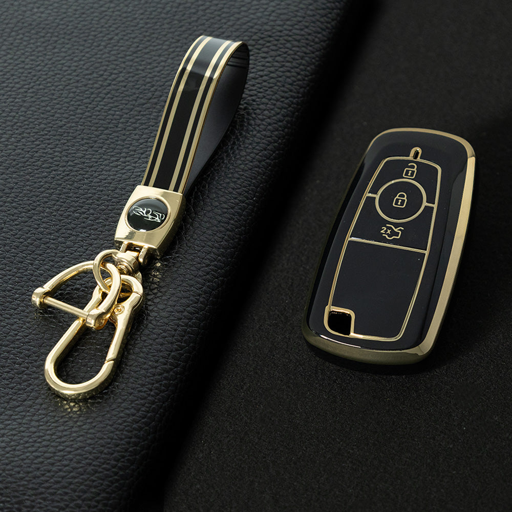 FOB1T1 Black-Gold Plating TPU Car Key Case Cover Holder for Ford Fusion Edge Mustang Explorer F150 F250 F350
