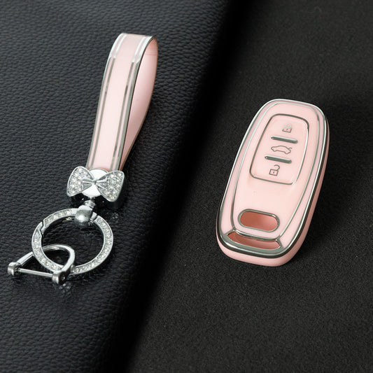 AUB1T1 Pink-Silver Plating Car Key Cover Silver Trim Full-Coverage TPU Key Cover for Audi A6L/A7/A8/A3/A5/Q5/S6 - Anti-Scratch Protective Case