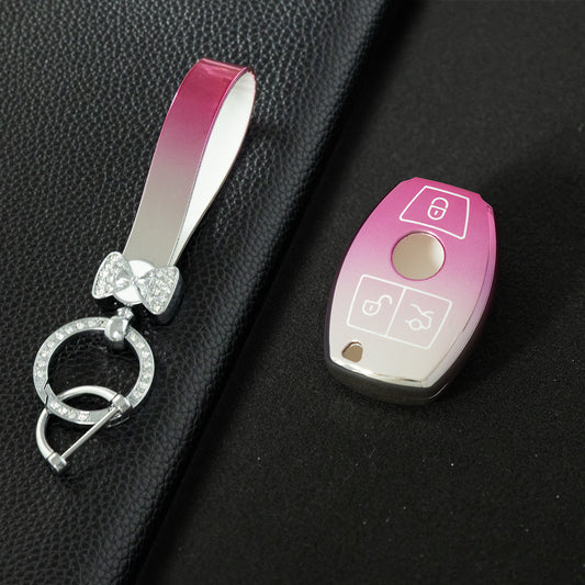 MEC1T1 Gradient Pink Car Key Cover Premium Soft TPU Car Key Case Cover Shell for Mercedes Benz C260L C200L A180L GLC260 GLA E300l CLASS Key Rings Keychain Bag