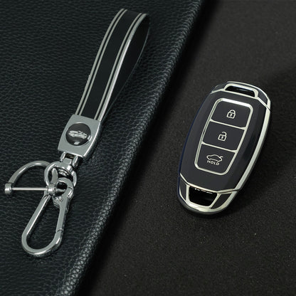 HYA1T1 Black-Silver Plating Car Key Cover 3 Buottons TPU Car Key Case Cover Shell Fob Holder for Hyundai Palisade Limited Palisade Elantra Sel Elantra Santa Fe Veloster