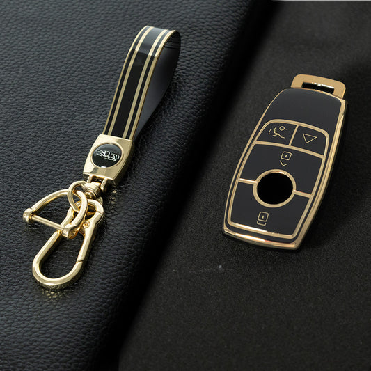 MEB4T1 Black-Gold Plating Mercedes-Benz New Euro/C200L/GLC260L Car Key Cover TPU Protection Buckle Case for E-Class E300L Waterproof Fashion Model