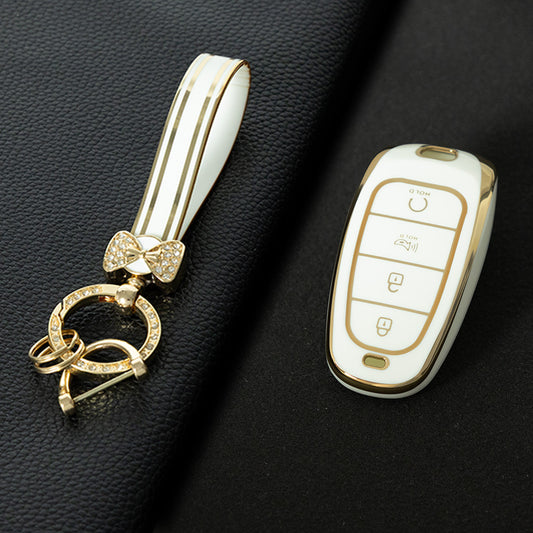 HYE6T1 White-Gold Plating TPU Car Key Case Cover for Hyundai Tucson 2022 Santa Fe NEXO NX4 Atos Prime Solaris