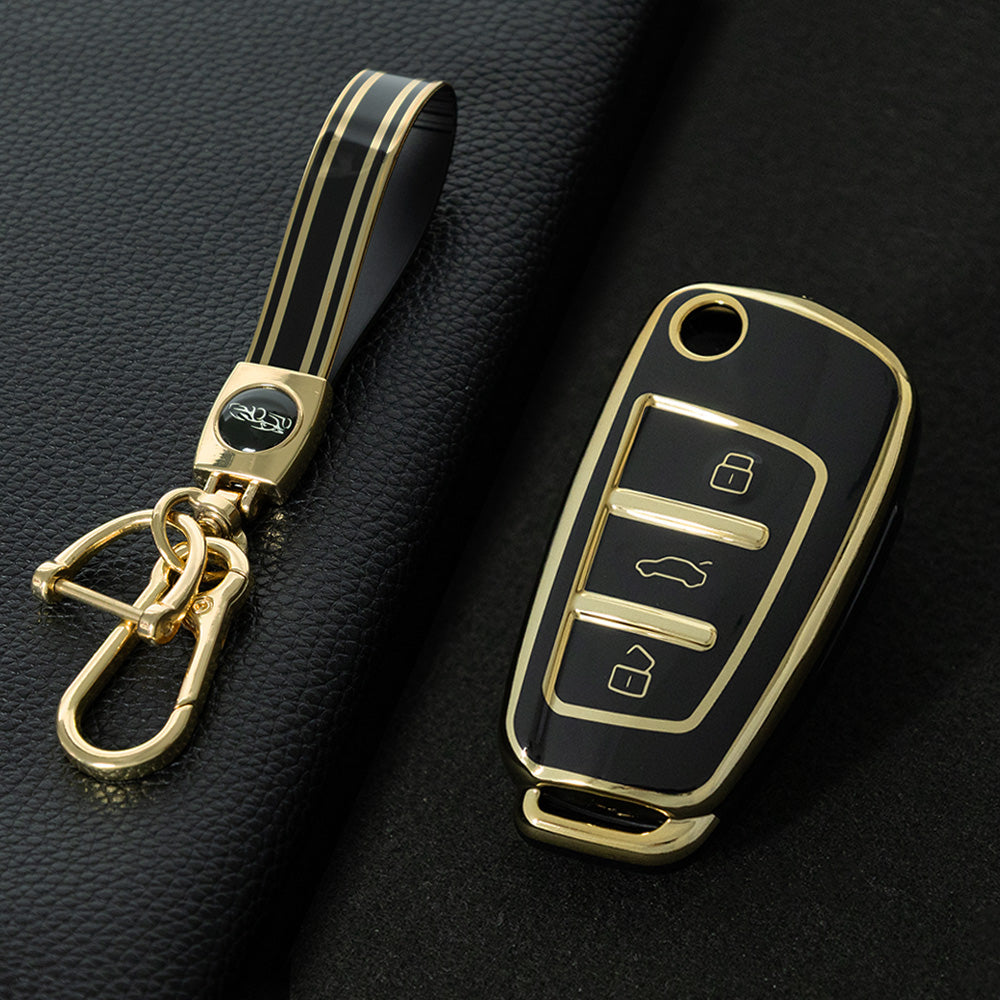 AUD1T1 Black-Gold Plating Car Key Cover For Audi Q3 Q7 Q5 TT Q2L A3 A1 Fold Key Rings Keychain Bag