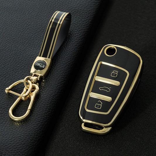 AUD1T1 Black-Gold Plating Car Key Cover For Audi Q3 Q7 Q5 TT Q2L A3 A1 Fold Key Rings Keychain Bag