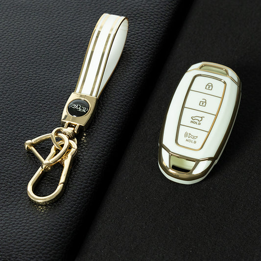 HYS1T1 White-Gold Plating TPU Car Key Fob Case Key Fob Cover Keychain For Hyundai I30 Ix35 KONA Encino Solaris Azera Grandeur Ig Accent Santa Fe Palisade