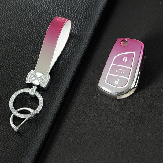 TOA1T1 Gradient Pink Car Key Cover Premium Soft TPU Car Key Case Cover Shell for Toyota COROLLA camry LEVIN REIZ highlander RAV4 Fold Key Rings Keychain Bag