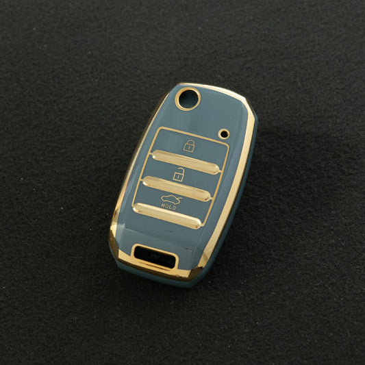 KIE1T1 Granny Grey-Gold Plating Car Key Cover Fashionable Soft TPU Key Fob Cover for Kia Rio K3 2014-2016 Model-Year Protective Car Key Accessory