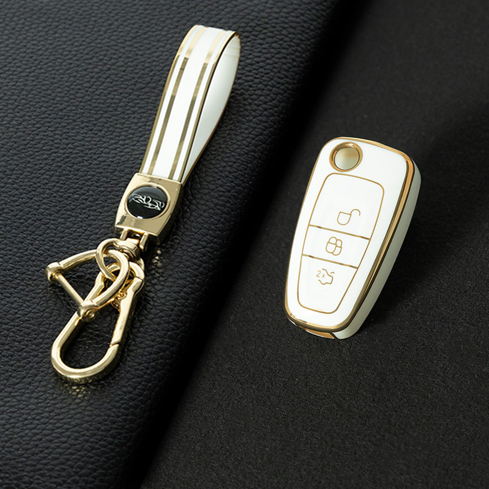 FOD1T1 White-Gold Plating Car Key Cover TPU Car Folding Key Case Cover Bag Keychain for Ford Focus C-Max S-Max Galaxy Mondeo Ranger Transit Tourneo Custom