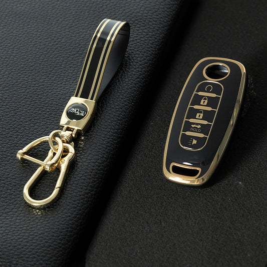 NIA3T1 Black-Gold Plating TPU Car Key Cover Soft Key Shell Fob Holder Suitable for Nissan Sylphy Bluebird Teana X-Trail Murano GTR
