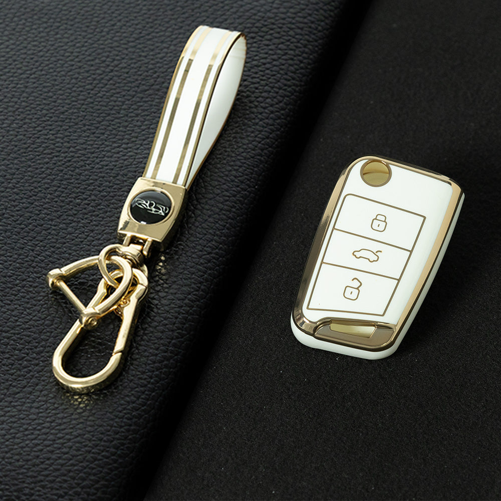 VOF1T1 White-Gold Plating TPU Premium Soft Car Key Case Cover Shell for Volkswagen Tiguan L Lavida Plus Golf 7 Polo Skoda Key Rings Keychain Bag Accessory