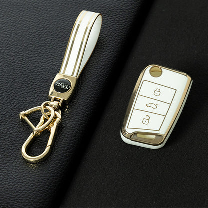 VOF1T1 White-Gold Plating TPU Premium Soft Car Key Case Cover Shell for Volkswagen Tiguan L Lavida Plus Golf 7 Polo Skoda Key Rings Keychain Bag Accessory