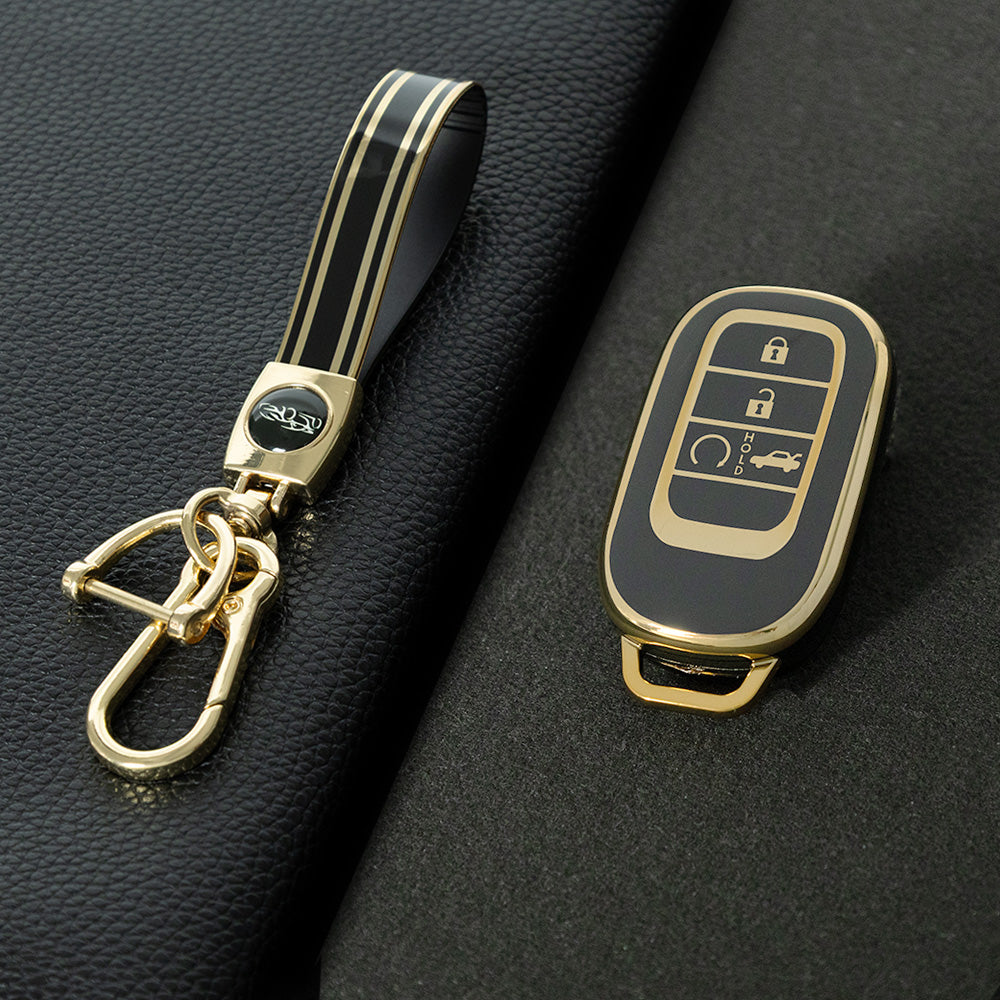 HOB1T1 Black-Gold Plating Car Key Cover For Honda Civic Accord HR-V CR-V CRV 2021 2022 2023 5Buttons Auto Shell Fob Holder TPU Car Key Case Cover Keychain Accessories
