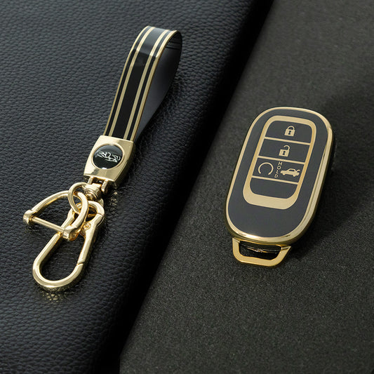 HOB1T1 Black-Gold Plating Car Key Cover For Honda Civic Accord HR-V CR-V CRV 2021 2022 2023 5Buttons Auto Shell Fob Holder TPU Car Key Case Cover Keychain Accessories