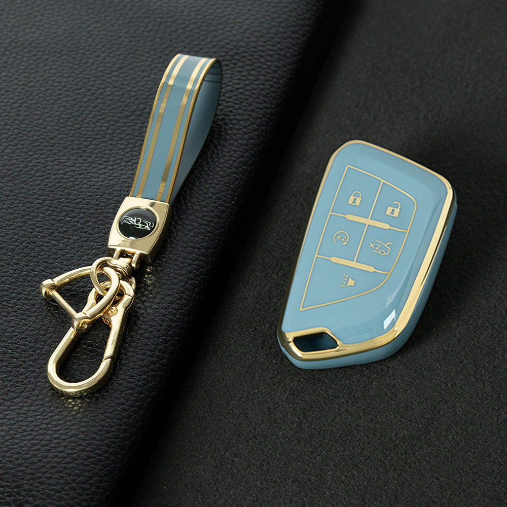 CAB1T1 Granny Grey-Gold Plating TPU Premium Soft Car Key Case Cover Shell for Cadillac XT5 XT4 XT6 CT5 CT6 CT4 XTS ATSL SRX Key Ring Keychain Bag Accessory