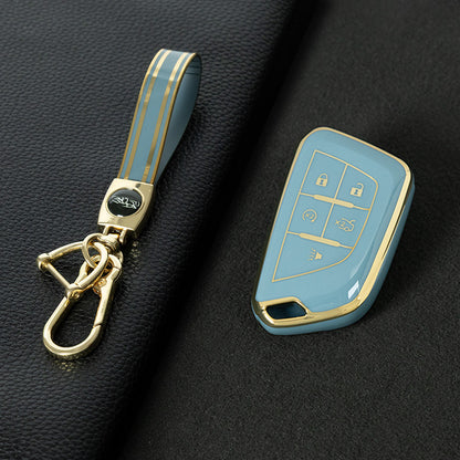 CAB1T1 Granny Grey-Gold Plating TPU Premium Soft Car Key Case Cover Shell for Cadillac XT5 XT4 XT6 CT5 CT6 CT4 XTS ATSL SRX Key Ring Keychain Bag Accessory