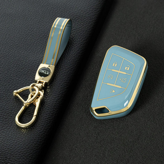 CAB1T1 Granny Grey-Gold Plating TPU Premium Soft Car Key Case Cover Shell for Cadillac XT5 XT4 XT6 CT5 CT6 CT4 XTS ATSL SRX Key Ring Keychain Bag Accessory