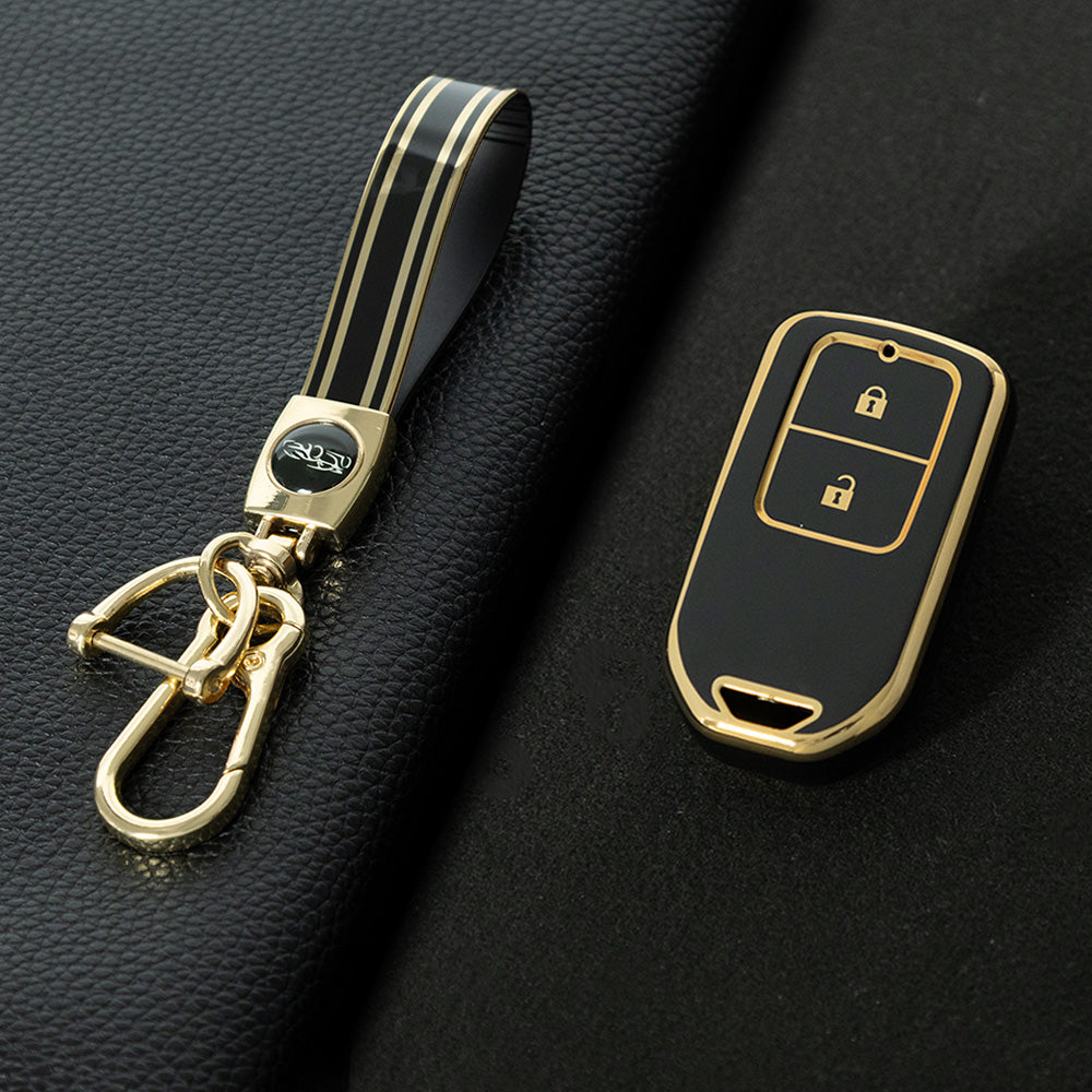 HOA2T1 Black-Gold Plating Car Key Cover 2/3/4/5-Button Full-Coverage TPU Key Cover for Honda CR-V/Accord/Civic/Fit/Jade/Odyssey - Anti-Scratch Protective Case