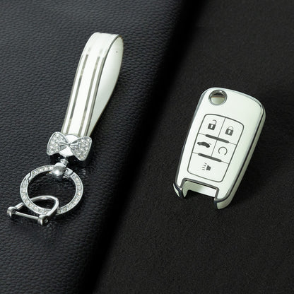 CED5T1 White-Silver Plating Gold/Silver Edge 5-Button TPU Key Cover for Chevrolet Cruze Camaro Buick Regal Excelle, Protective Key Case