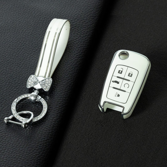 CED5T1 White-Silver Plating Gold/Silver Edge 5-Button TPU Key Cover for Chevrolet Cruze Camaro Buick Regal Excelle, Protective Key Case