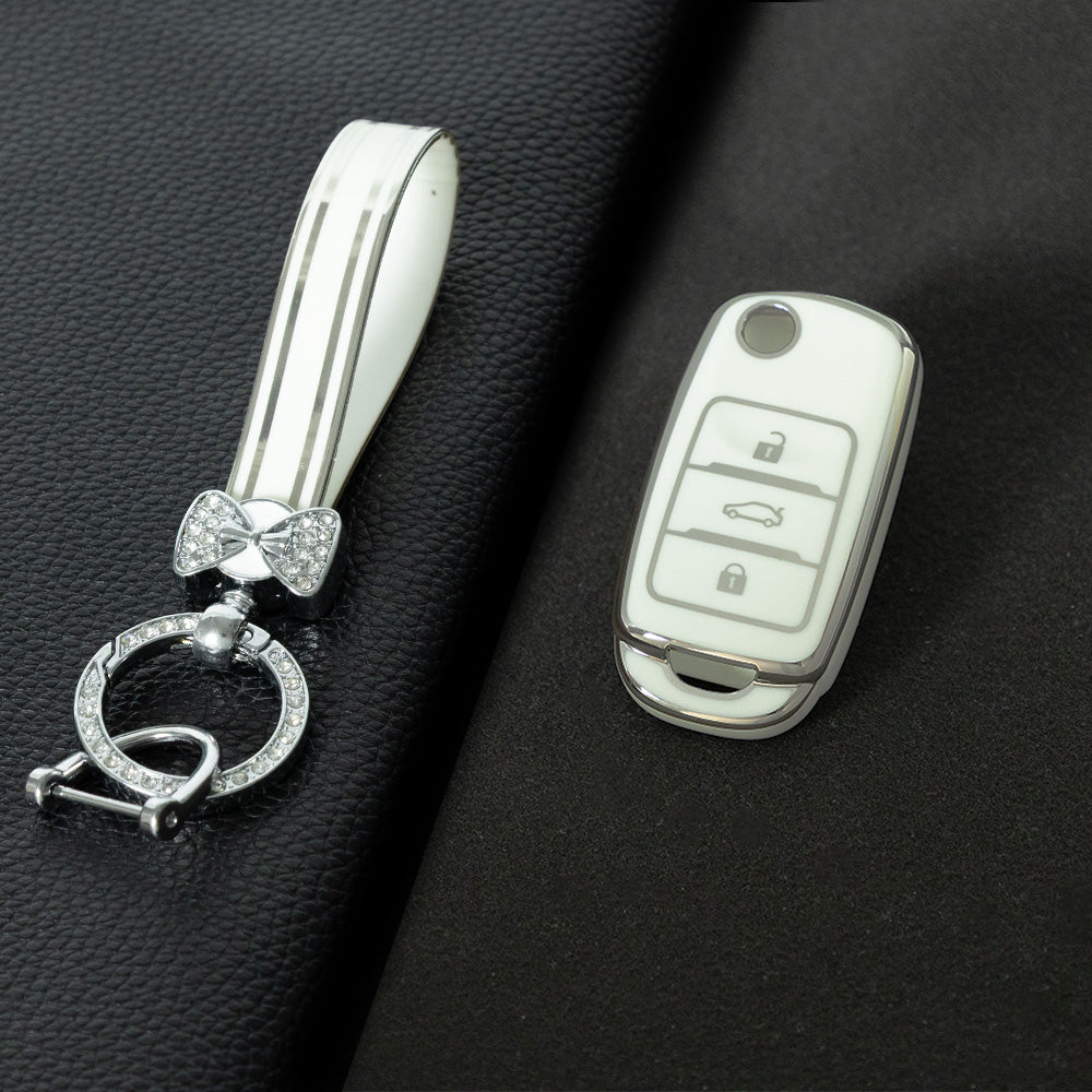 CHB1T1 White-Silver Plating Car Key Cover For Premium Soft TPU Car Key Case Cover  CHANGAN Benben E-Star CS15 CS35 CS55 EADO LUMIN Key Rings Keychain Bag