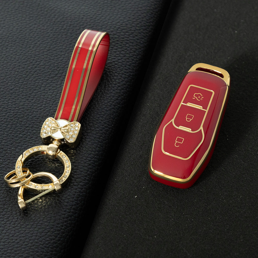 FOU3T1 Red-Gold Plating Soft Shell Fob Holder TPU Car Key Cover Case for Ford Fusion Mondeo Mustang F-150 Explorer Edge 2015 2016