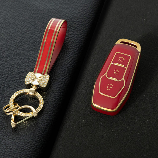 FOU3T1 Red-Gold Plating Soft Shell Fob Holder TPU Car Key Cover Case for Ford Fusion Mondeo Mustang F-150 Explorer Edge 2015 2016