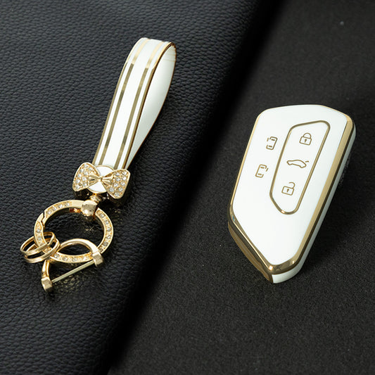 VOC3T1 White-Gold Plating TPU Car Key Case for VW Golf PoloTiguan Passat Caddy