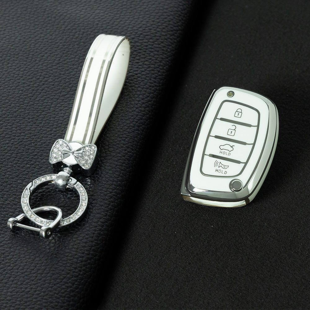 HYD3T1 White-Silver Plating 4 Buttons Key Case TPU Car Key Cover Shell Fob for Hyundai Tucson Santa Fe Rena Sonata Elantra Creta Ix35 Ix45 I10 I30 I40