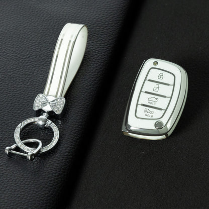 HYD3T1 White-Silver Plating 4 Buttons Key Case TPU Car Key Cover Shell Fob for Hyundai Tucson Santa Fe Rena Sonata Elantra Creta Ix35 Ix45 I10 I30 I40