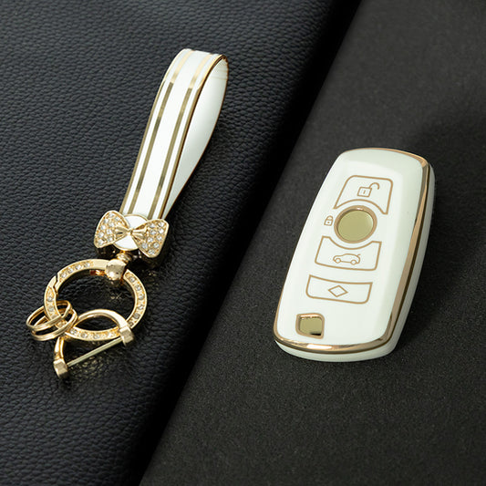 BMC1T1 White-Gold Plating Car Key Cover BMW Car Key Case Cover TPU Flip Remote Accessory for 1 2 3 4 5 6 7 X3 X4 X5 X6 F36 F25 F26 F30 F34 F10 F07 F20 Z10 G30