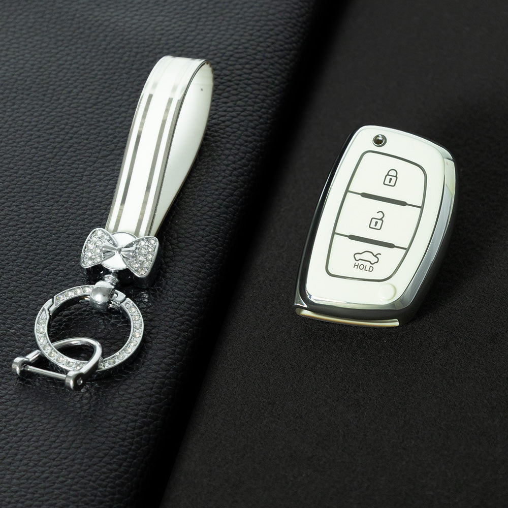 HYD2T1 White-Silver Plating Car Key Cover Suitable for Modern Car Keycases, Langdong Ix35 Anti Drop protection Sonata Eight Shell Buckle keychain