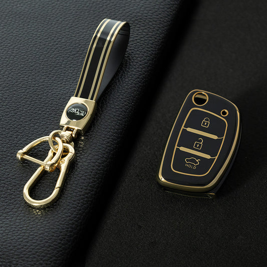 HYF2T1 Black-Gold Plating Car Accessories TPU Remote Car Key Case Cover Auto Key Shell Fob Holder Compatible with Hyundai Ix25 Ix35 Elantra Mistra