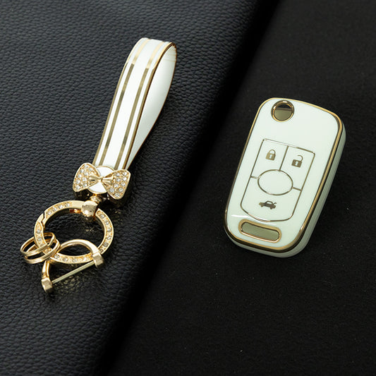 BUD1T1 White-Gold Plating TPU Premium Soft Car Key Case Cover Shell for Buick Old LaCrosse 06 07 08 Year Fold Protection Key Rings Keychain Bag Accessory