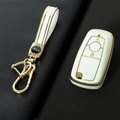 FOB2T1 White-Gold Plating Car Key Cover TPU Car Key Cover Protector Fob Fit for Ford F-150 F-250 F-350 Ecosport Edge Explorer Fusion Mustang Car Key Holder