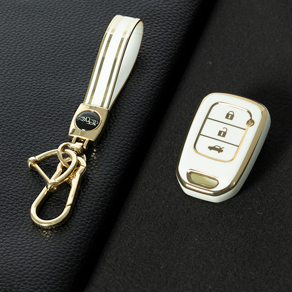 HOM2T1 White-Gold Plating TPU Car Key Case Cover for Honda VEZEL City Fit
