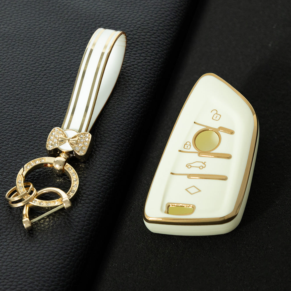 BMB1T1 White-Gold Plating Car Key Cover For BMW 1 2 3 4 5 6 7 Series X1 X2 X3 X5 X6 X7 Smart Key Ring Holder Keychain Car Accessories