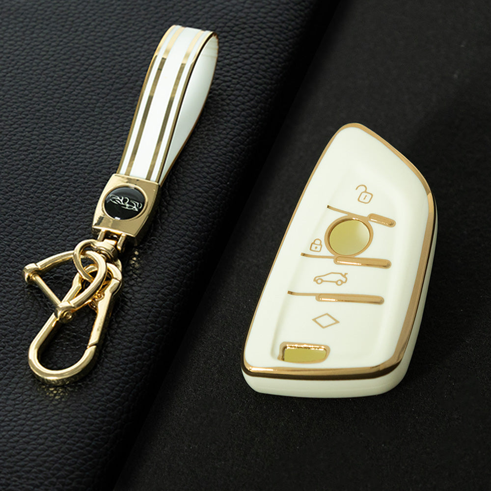 BMB1T1 White-Gold Plating Car Key Cover For BMW 1 2 3 4 5 6 7 Series X1 X2 X3 X5 X6 X7 Smart Key Ring Holder Keychain Car Accessories