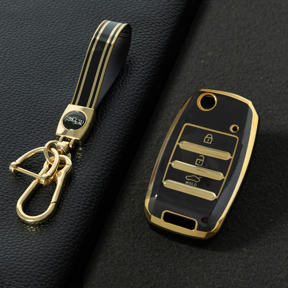 KIE1T1 Black-Gold Plating Car Key Cover Fashionable Soft TPU Key Fob Cover for Kia Rio K3 2014-2016 Model-Year Protective Car Key Accessory