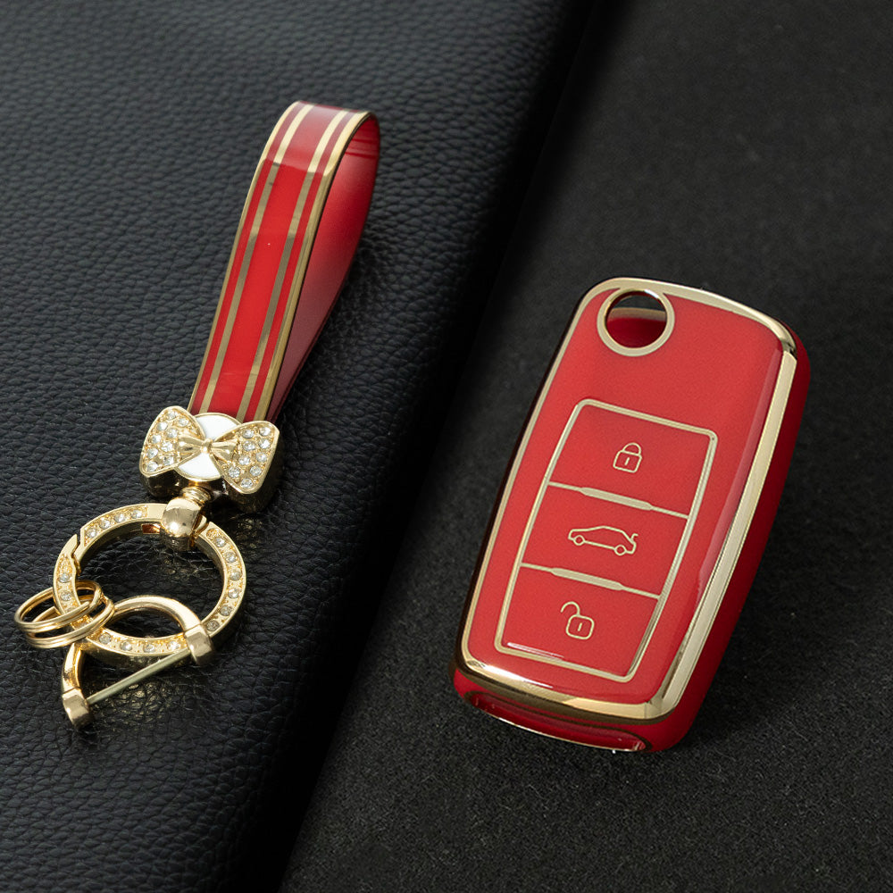 VOB1T1 Red-Gold Plating Car Key Cover For Volkswagen Sagitar PASSAT CC Polo Skoda Key Rings Keychain