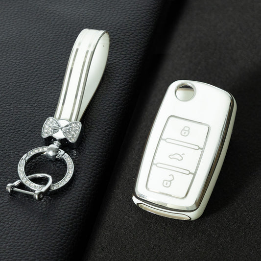 VOB1T1 White-Silver Plating Car Key Cover For Volkswagen Sagitar PASSAT CC Polo Skoda Key Rings Keychain