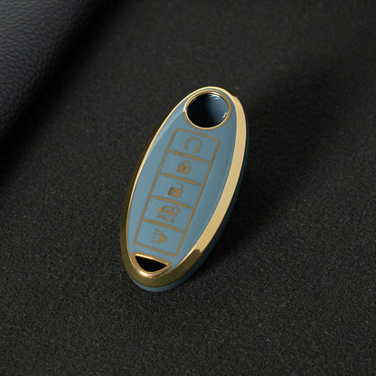 NIB6T1 Granny Grey-Gold Plating Car Key Cover Silver Edge TPU Car Key Cover Keychain Fob Case Accessories for Nissan Note Qashqai Pathfinder Rogue Versa Infiniti Q50 Kia