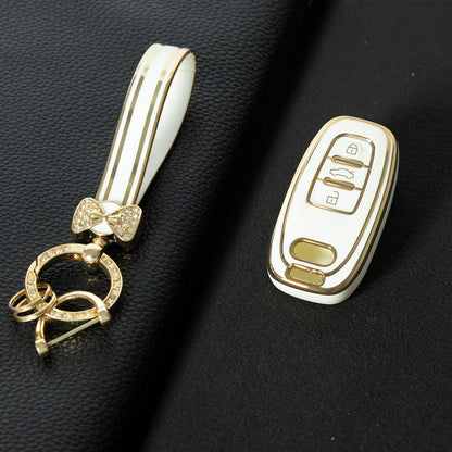 AUB1T1 White-Gold Plating Car Key Cover Silver Trim Full-Coverage TPU Key Cover for Audi A6L/A7/A8/A3/A5/Q5/S6 - Anti-Scratch Protective Case
