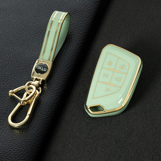 CAB1T1 Green-Gold Plating TPU Premium Soft Car Key Case Cover Shell for Cadillac XT5 XT4 XT6 CT5 CT6 CT4 XTS ATSL SRX Key Ring Keychain Bag Accessory